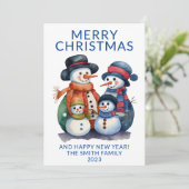 Snowman Family präsentiert Blue Christmas Einladung (Stehend Vorderseite)