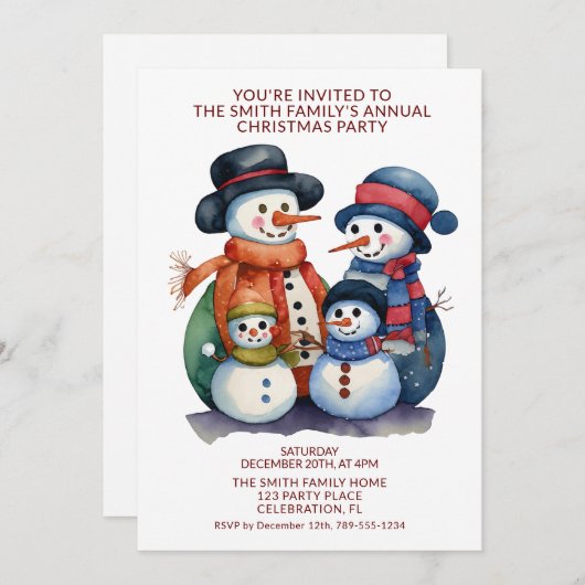 Snowman Family präsentiert Red Party Einladung (Vorne/Hinten)