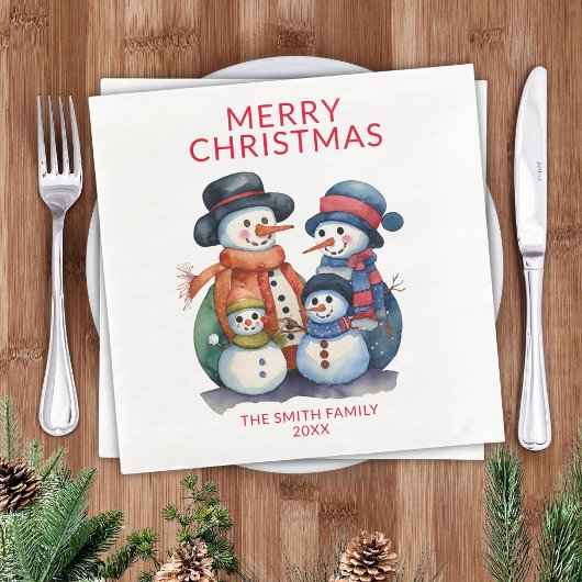 Snowman Family Red Christmas Party Serviette