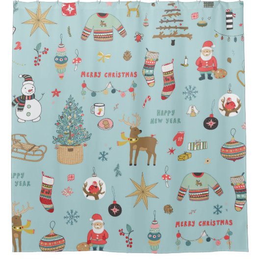 Snowman Fir-Tree Weihnachtswrapping Muster Duschvorhang (Vorderseite)