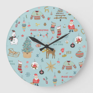 Snowman Fir-Tree Weihnachtswrapping Muster Große Wanduhr