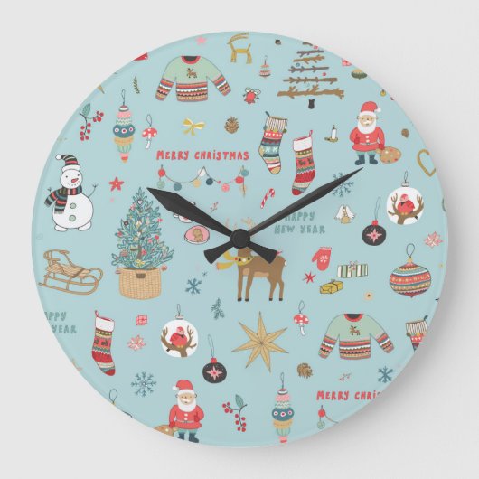 Snowman Fir-Tree Weihnachtswrapping Muster Große Wanduhr (Vorderseite)
