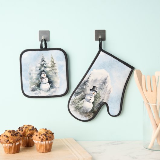 Snowman Forest Trees Snow Green Blue Ofenhandschuh & Topflappen-Set (Insitu (Hängend))