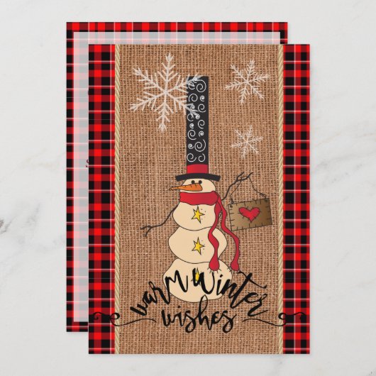 Snowman Frohe Weihnachten mit Kariert und Burlap Einladung (Vorne/Hinten)