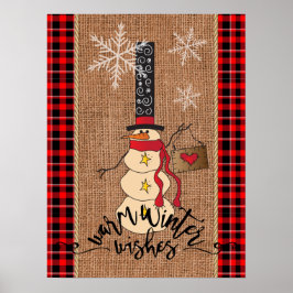 Snowman Frohe Weihnachten mit Kariert und Burlap Poster