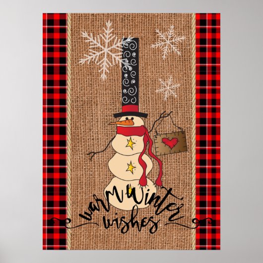 Snowman Frohe Weihnachten mit Kariert und Burlap Poster (Vorne)
