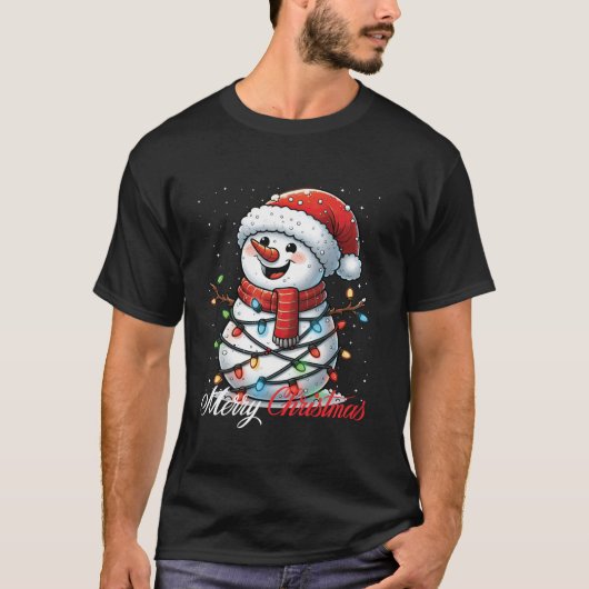 Snowman Frohe Weihnachtslicht Weihnachtsmannmütze T-Shirt (Vorderseite)