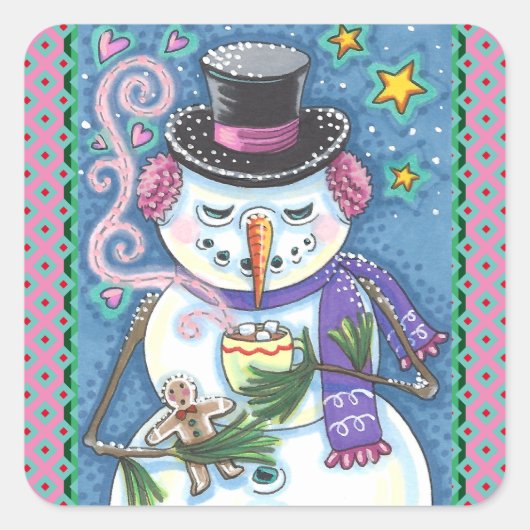 SNOWMAN, GINGERBREAD MAN & TASSE DES HOT-SCHOKOLAD QUADRATISCHER AUFKLEBER (Vorderseite)