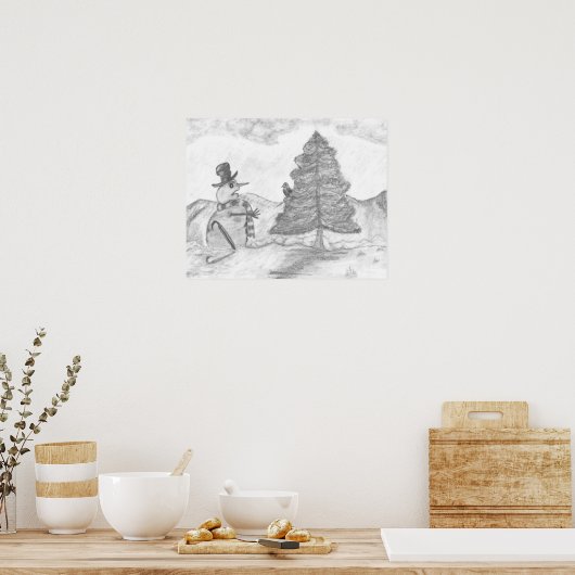 Snowman Graustufen Stift zeichne Weihnachtslandsch Poster (Küche)