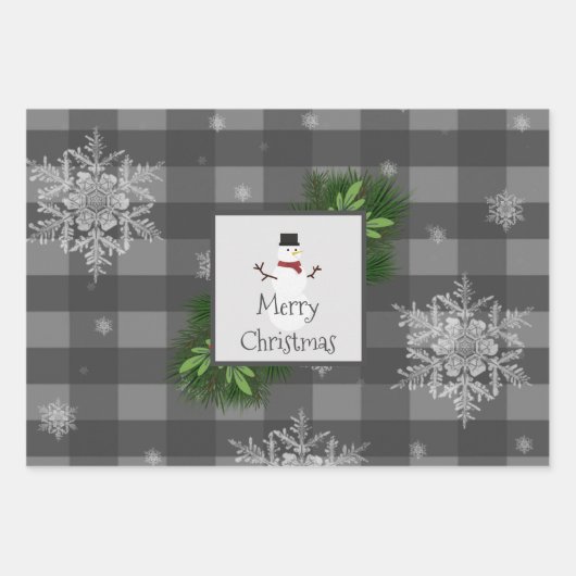 Snowman Gray Buffalo Kariert | Grau Geschenkpapier Set (Vorderseite 3)