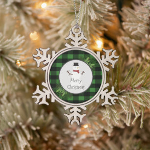 Snowman Green Buffalo Kariert Snowflake Ornament
