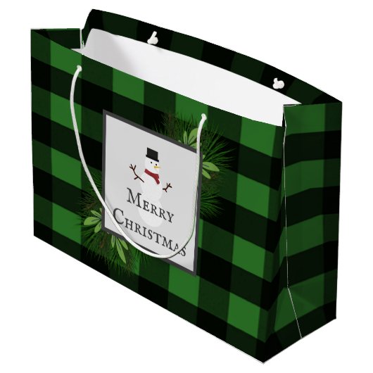 Snowman Green Buffalo Karierte Geschenktasche Große Geschenktüte (Rückseite Schrägansicht)