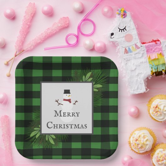 Snowman Green Buffalo Karierte Papierplatte Pappteller (Party)