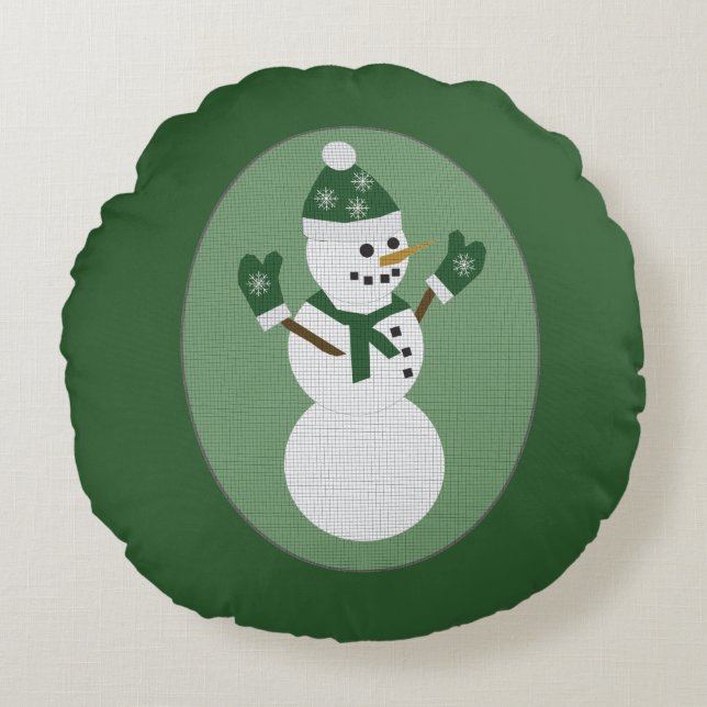 Snowman Green Christmas Rundes Kissen (Vorderseite)