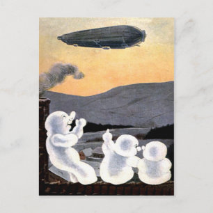 Snowman hagelt Zeppelin am Himmel, lustig, Vintag Postkarte