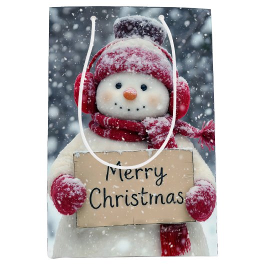 Snowman hält ein fröhliches Weihnachtszeichen Mittlere Geschenktüte (Vorderseite)