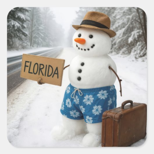Snowman Hitchhiking to Florida Quadratischer Aufkleber (Vorderseite)