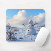 Snowman Holding a White Daisy Mousepad (Mit Mouse)