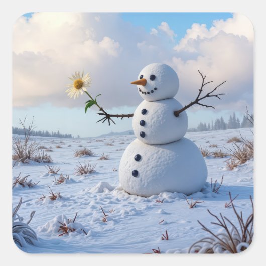 Snowman Holding a White Daisy Quadratischer Aufkleber (Vorderseite)