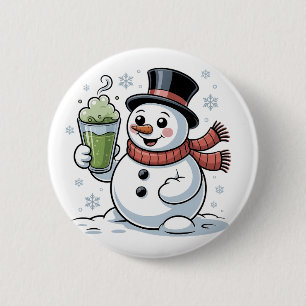 Snowman Holding Matcha Drink Weihnachten Button