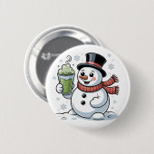Snowman Holding Matcha Drink Weihnachten Button (Vorne & Hinten)