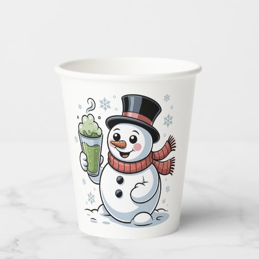 Snowman Holding Matcha Drink Weihnachten Pappbecher (Vorderseite)