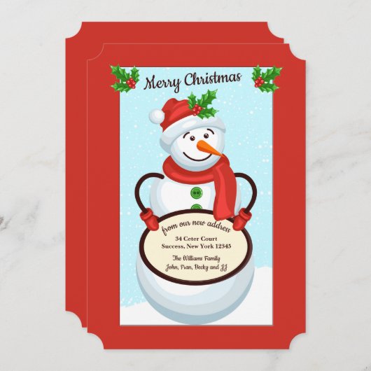 Snowman Holding Sign Moving Holiday Card Einladung (Vorne/Hinten)