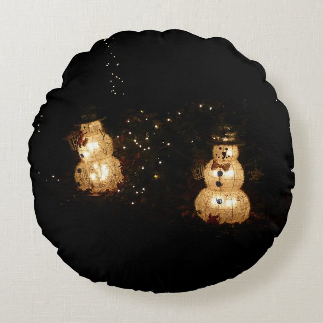 Snowman Holiday Light Display Rundes Kissen (Vorderseite)