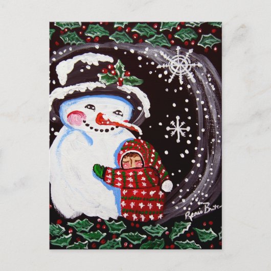 Snowman Hug Wintervolkskunst Postkarte (Vorderseite)