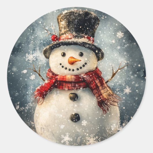 Snowman Illustration mit rustikalen Schneeflocken Runder Aufkleber (Vorderseite)