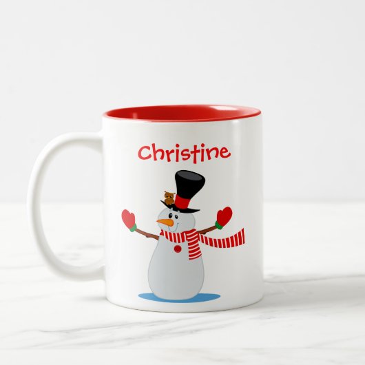Snowman Illustration Personalisiert Red and White Zweifarbige Tasse (Links)