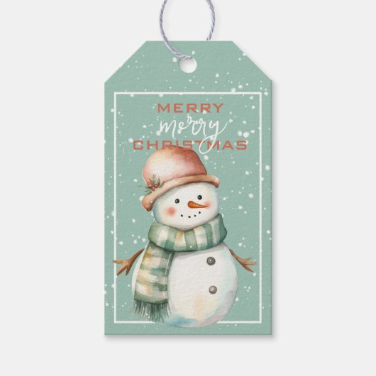 Snowman im Aquamarinen Scarf & Tan Cap Weihnachten Geschenkanhänger (Vorderseite)