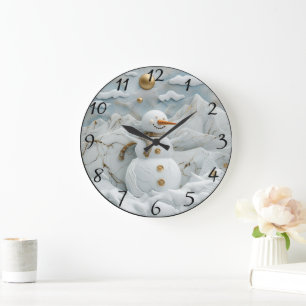 Snowman im Dorf Santa Große Wanduhr