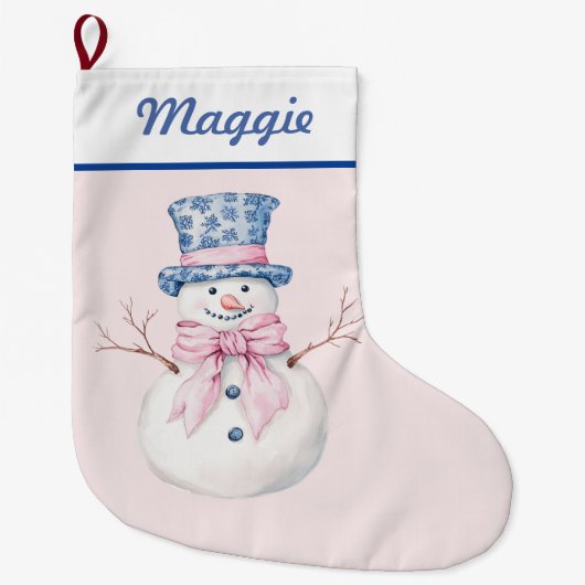 Snowman in Blue Damask Top Hat Großer Weihnachtsstrumpf (Vorderseite)