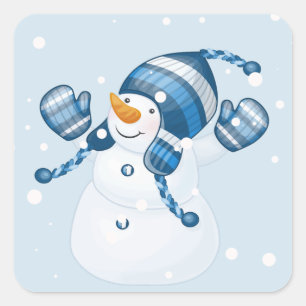 Snowman in Blue Mitts und Hat Quadratischer Aufkleber