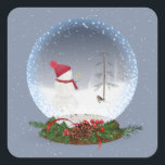Snowman in Christmas Snow Globe Square Sticker<br><div class="desc">Schneemann mit goldenem Weihnachtsstern für alten Kiefernbaum in einer Schneekugel. Schneeflocke-Overlay</div>