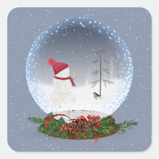 Snowman in Christmas Snow Globe Square Sticker (Vorderseite)