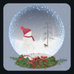 Snowman in Christmas Snow Globe Square Sticker<br><div class="desc">Schneemann mit goldenem Weihnachtsstern für alten Kiefernbaum in einer Schneekugel. Schneeflocke-Overlay</div>