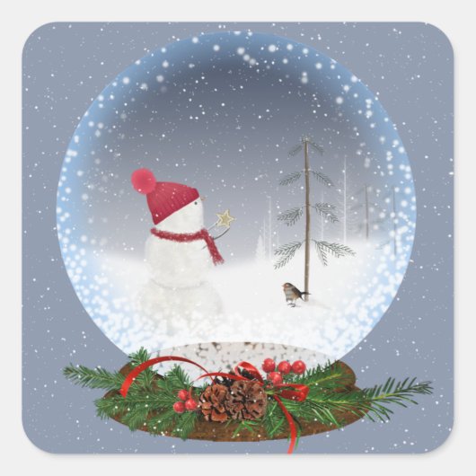 Snowman in Christmas Snow Globe Square Sticker (Vorderseite)