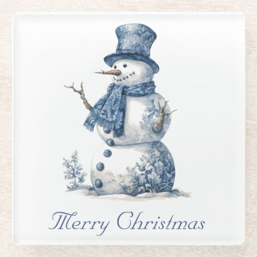 Snowman in Delft Blue individuell anpassbar Glasuntersetzer (Vorderseite)