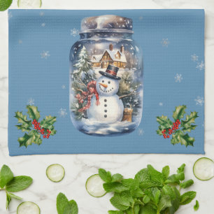 Snowman in einem Jar Snowflakes Blau Geschirrtuch