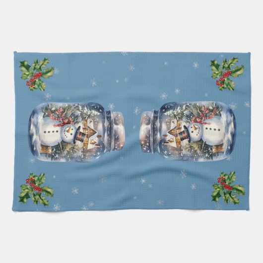 Snowman in einem Jar Snowflakes Blau Geschirrtuch (Horizontal)