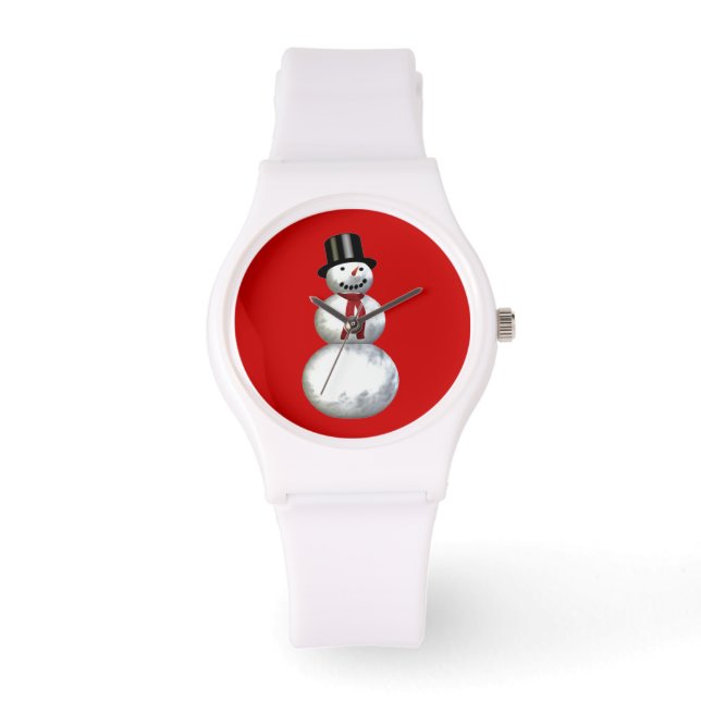 Snowman in einer Top Hat Hintergrundfarbe anpassba Armbanduhr (Vorderseite)