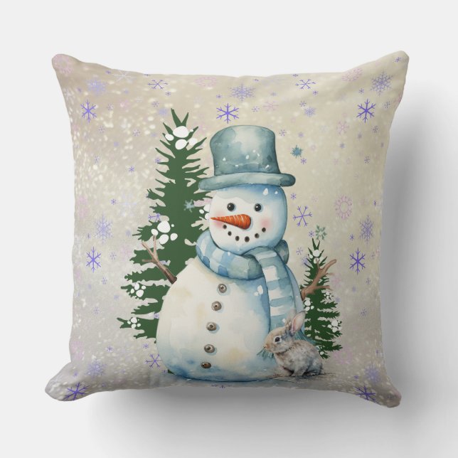 "Snowman in Falling Snow" mit Kaninchen und Bäumen Kissen (Vorderseite)