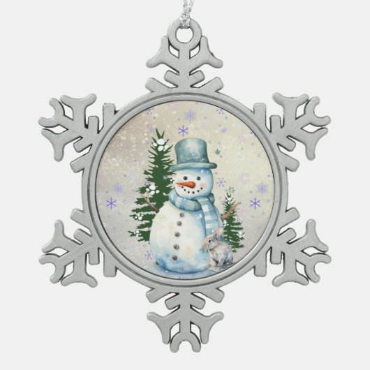 "Snowman in Falling Snow" mit Kaninchen und Bäumen Schneeflocken Zinn-Ornament (Vorderseite)
