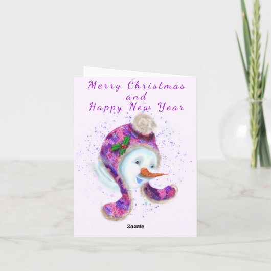 Snowman in Lila Pink-Hat-Weihnachtskarte (Rückseite)