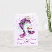 Snowman in Lila Pink-Hat-Weihnachtskarte (Vorderseite)