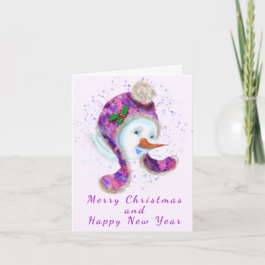 Snowman in Lila Pink-Hat-Weihnachtskarte (Vorderseite)
