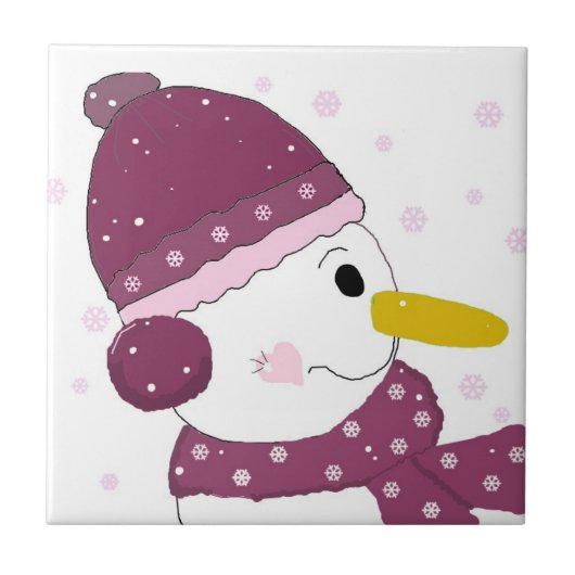 Snowman in Lila Scarf und Hut Fliese (Vorderseite)