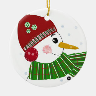Snowman in Red Hat und Green Scarf Keramik Ornament
